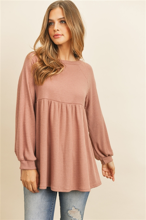 SA3-4-3-RFT2031-WF-PKADB - BABYDOLL LONG SLEEVED EMPIRE WAIST WAFFLE TUNIC- PINK ADOBE 1-2-2-2