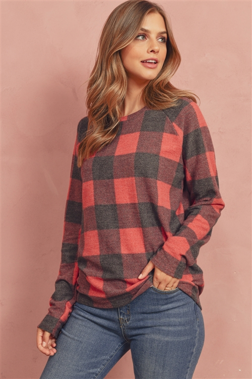 S9-18-3-RFT2032-RPL015-BKRD-1 - TERRY BRUSHED PLAID PULLOVER- BLACK/RED 1-2-1