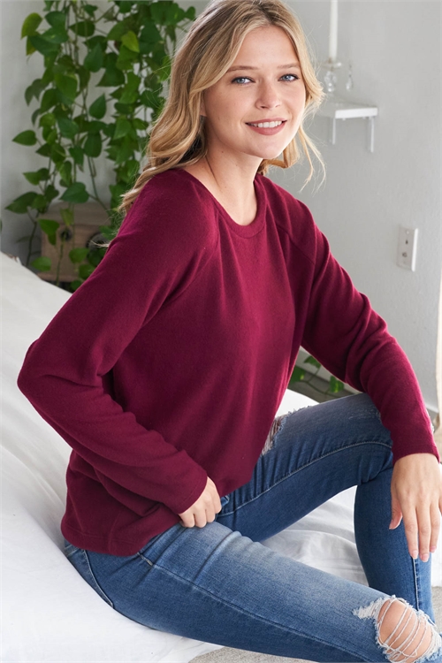 S4-3-4-RFT2032HC-BU-1 - LONG SLEEVED SOLID HACCI TOP- BURGUNDY 1-2-1-2