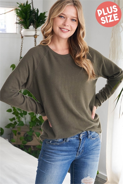 S10-2-4-RFT2032X-HC-OV - PLUS SIZE LONG SLEEVED SOLID HACCI TOP- OLIVE 3-2-1