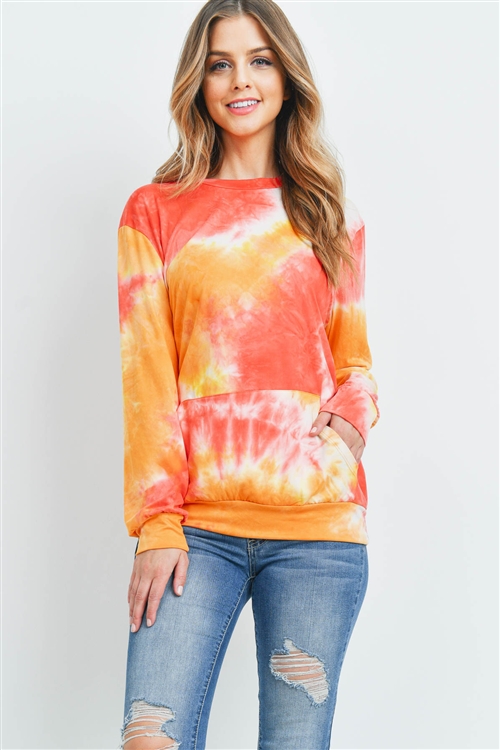 S15-10-1-RFT2036-RTD001-CRL - TIE DYE POCKET PULLOVER TOP- CORAL 1-2-2-2