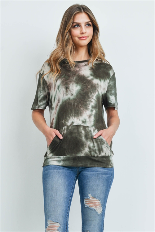 C6-A-1-RFT2036-RTD007SS-AMSTN - SHORT SLEEVES TIE DYE KANGAROO POCKET TOP- ARMY STONE 1-2-2-2