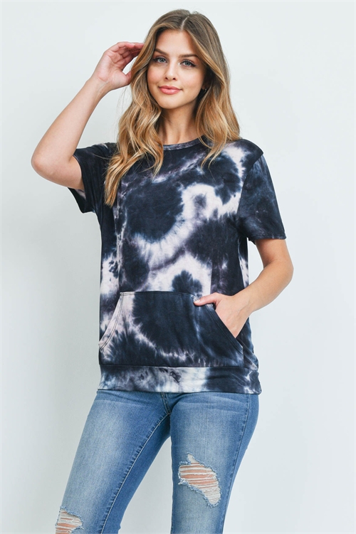 C18-A-1-RFT2036-RTD007SS-BKIV - SHORT SLEEVES TIE DYE KANGAROO POCKET TOP- BLACK IVORY 1-2-2-2