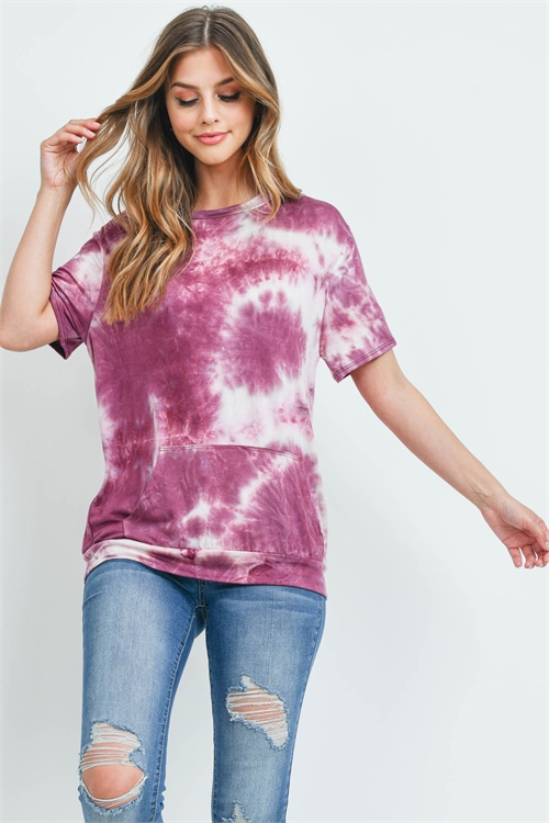 C8-A-1RFT2036-RTD007SS-MRSLIV - SHORT SLEEVES TIE DYE KANGAROO POCKET TOP- MARSALA IVORY 1-2-2-2