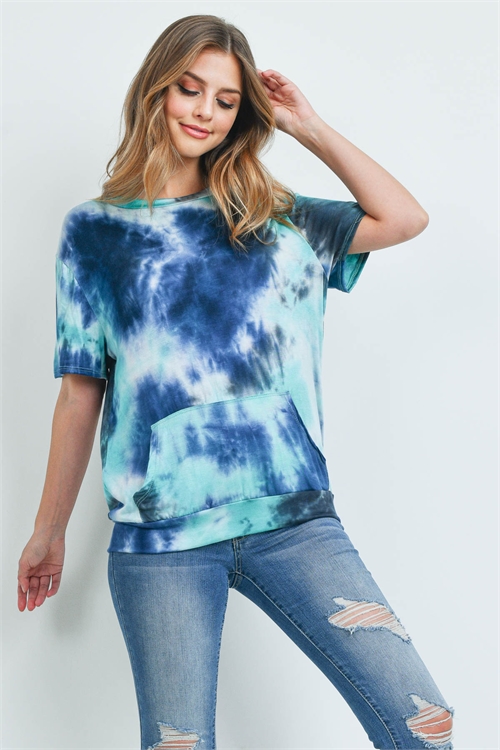 C10-A-1-RFT2036-RTD007SS-NVAQ - SHORT SLEEVES TIE DYE KANGAROO POCKET TOP- NAVY AQUA 1-2-2-2