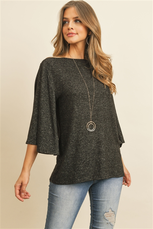 S9-2-4-RFT2037-BHC-BK - BOAT NECK BELL SLEEVE SOLID HACCI BRUSHED TOP- BLACK 1-2-2-2
