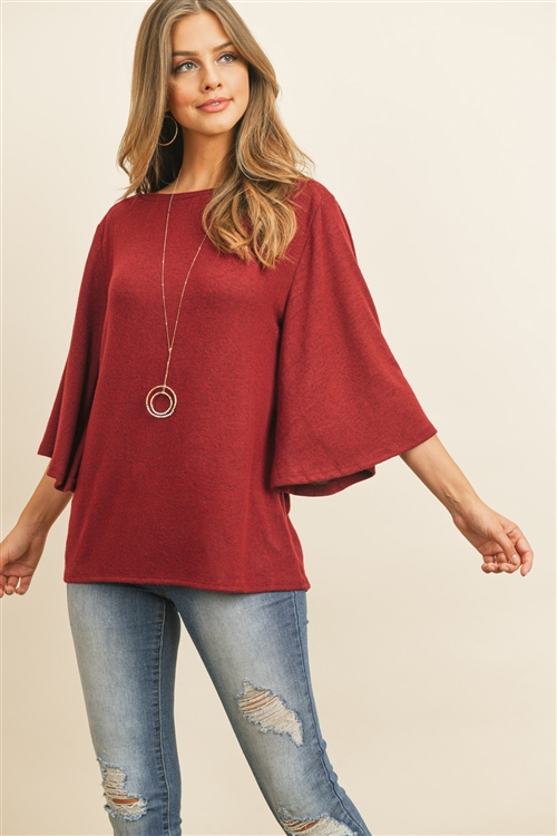 S9-2-4-RFT2037-BHC-DKRB - BOAT NECK BELL SLEEVE SOLID HACCI BRUSHED TOP- DARK RUBY 1-2-2-2