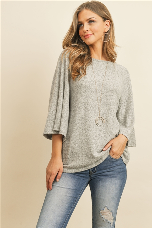 S10-15-1-RFT2037-BHC-HG-1 - BOAT NECK BELL SLEEVE SOLID HACCI BRUSHED TOP- HEATHER GREY 2-3