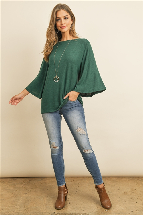 S9-2-4-RFT2037-BHC-HTGN - BOAT NECK BELL SLEEVE SOLID HACCI BRUSHED TOP- HUNTER GREEN 1-2-2-2