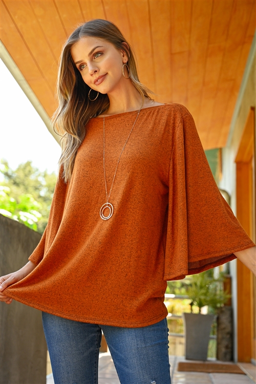 S9-2-4-RFT2037-BHC-NCG - BOAT NECK BELL SLEEVE SOLID HACCI BRUSHED TOP- NEW COGNAC 1-2-2-2