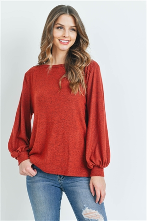 S14-7-3-RFT2038-RSW008-DKBRK-1 - PUFF SLEEVED BOAT NECK TWO TONE BRUSHED HACCI TOP- DARK BRICK 0-1-1-1