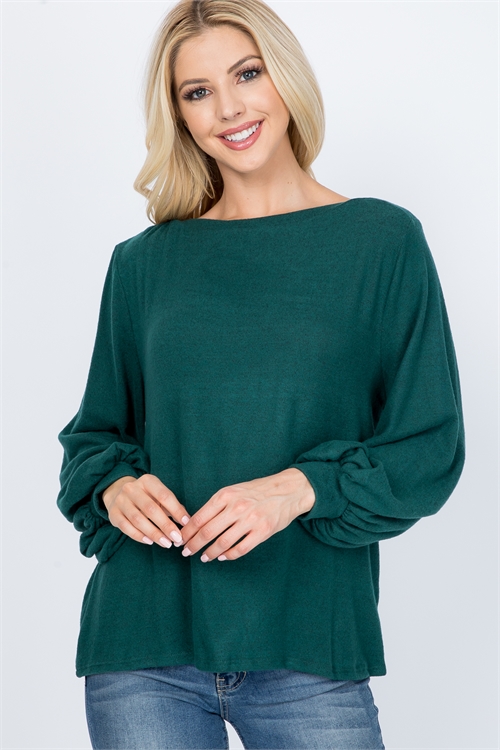 S8-10-3-RFT2038-RSW008-HTGN - PUFF SLEEVED BOAT NECK TWO TONE BRUSHED HACCI TOP- HUNTER GREEN 1-2-2-2