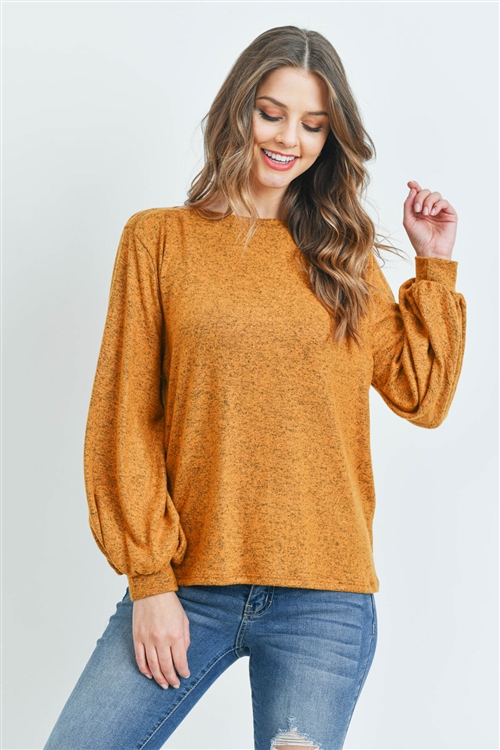 S14-7-3-RFT2038-RSW008-MU-1 - PUFF SLEEVED BOAT NECK TWO TONE BRUSHED HACCI TOP- MUSTARD 0-2-2-2