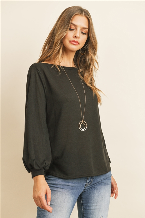 S9-3-2-RFT2038-RSW024-BK - PUFF SLEEVED BOATNECK HACCI TOP- BLACK 1-2-2-2