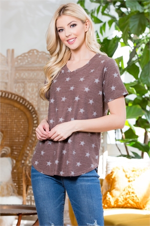 S10-5-2-RFT2051-RPR006-MC-2 - V-NECK BAND STAR PRINT TOP- MOCHA HEATHER GREY 2-5-0