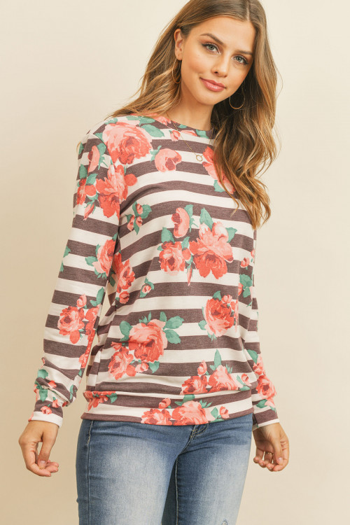 S10-16-1-RFT2052-RFL040-RBRD RUBY RED ROUND NECK FLORAL STRIPED PULLOVER TOP 1-2-2-2