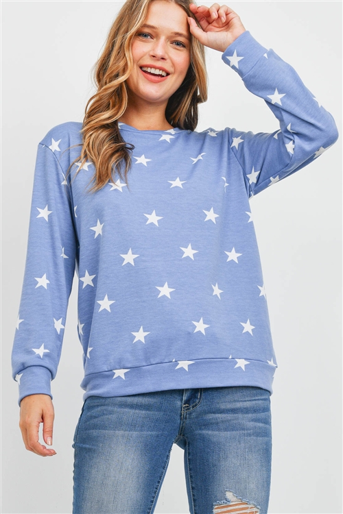 S8-14-4-RFT2052-RPR029-BLWT - STAR PRINT LONG SLEEVE PULLOVER- BLUE/WHITE 0-2-2-2