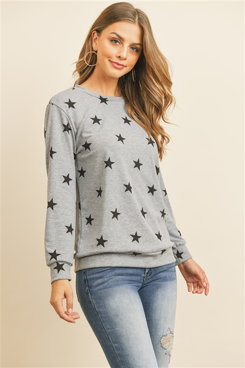 S9-7-1-RFT2052-RPR029-HGBK - STAR PRINT LONG SLEEVE PULLOVER - HEATHER GREY BLACK 1-2-2-2