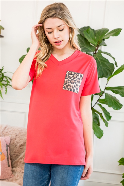 S10-15-3-RFT2056-RAP010C-CRL-1 - LEOPARD POCKET V-NECK BOYFRIEND TOP- CORAL 0-3-0-0