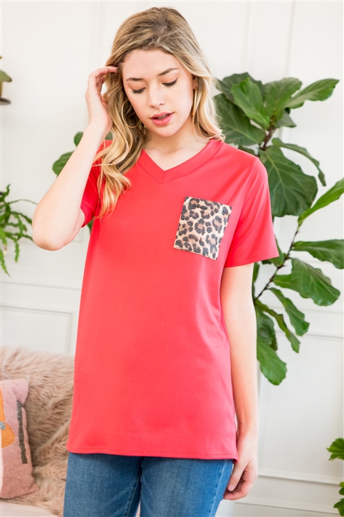 S10-14-4-RFT2056-RAP010C-CRL-1 - LEOPARD POCKET V-NECK BOYFRIEND TOP- CORAL 0-3-0-0