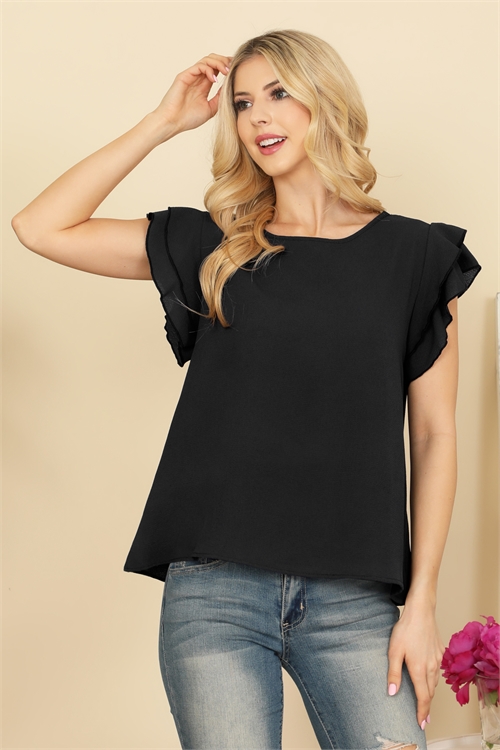 S10-18-1-RFT2063-BC-BK-1 -SOLID RUFFLE BLOUSE-BLACK 0-1-2-2