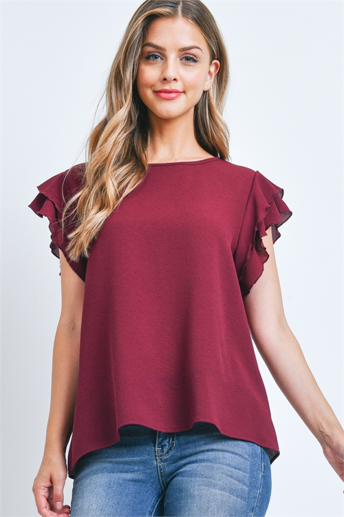 S12-5-1-RFT2063-BC-BU - SOLID RUFFLE BLOUSE- BURGUNDY 1-2-2-2