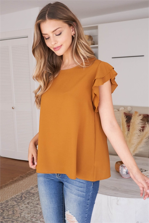 S9-19-2-RFT2063-BC-CGNC-1 - SOLID RUFFLE BLOUSE- COGNAC 0-2-2-2