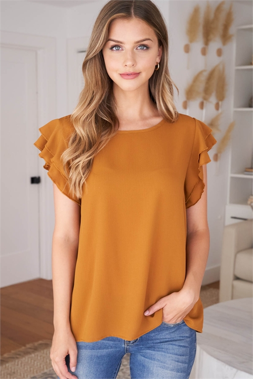 S11-7-3-RFT2063-BC-CGNC-2 - SOLID RUFFLE BLOUSE- COGNAC 0-2-2-2