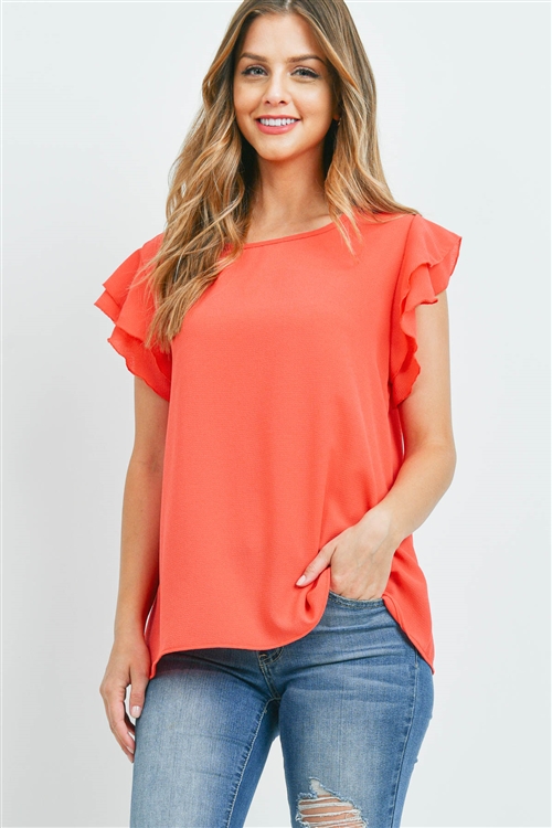 S9-18-1-RFT2063-BC-CO-1 -SOLID RUFFLE BLOUSE-CORAL 0-2-2-2