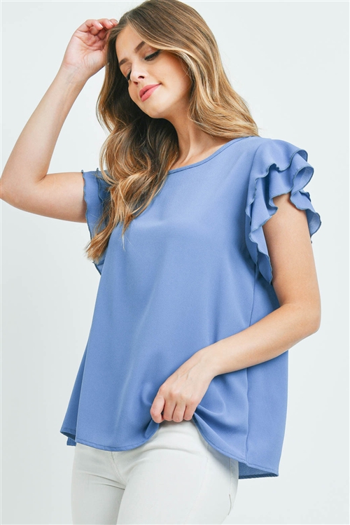 S10-18-3-RFT2063-BC-DKDNM-1 -SOLID RUFFLE BLOUSE-DARK DENIM 0-1-2-1