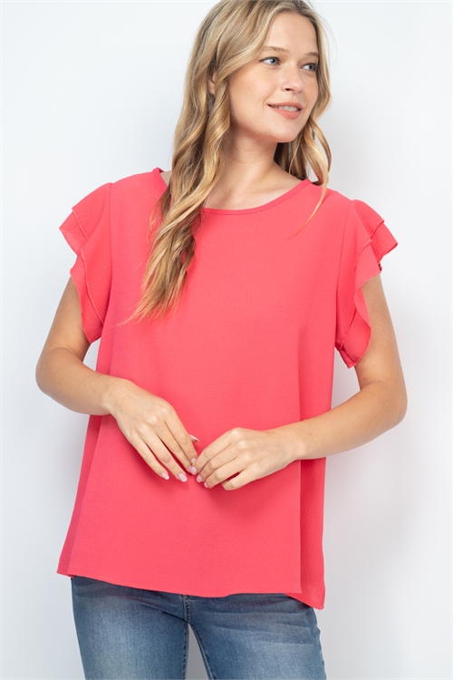 S11-7-3-RFT2063-BC-MDCRL-1 - SOLID RUFFLE BLOUSE- MEDIUM CORAL 0-4-0-1