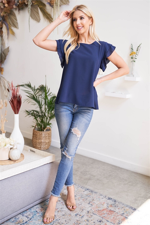 S9-19-2-RFT2063-BC-NV-1 - SOLID RUFFLE BLOUSE- NAVY 0-2-2-2