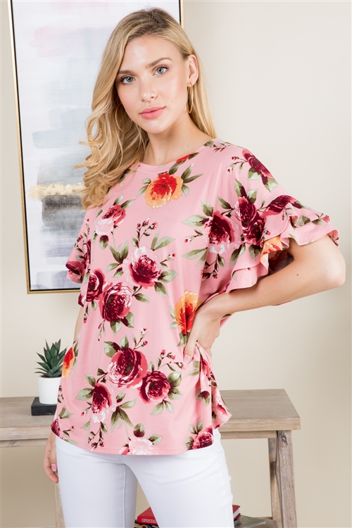 S8-14-2-RFT2064-RFL035-BLS-3 - FLORAL DOUBLE RUFFLE SLEEVED TOP- BLUSH 0-1-2-2