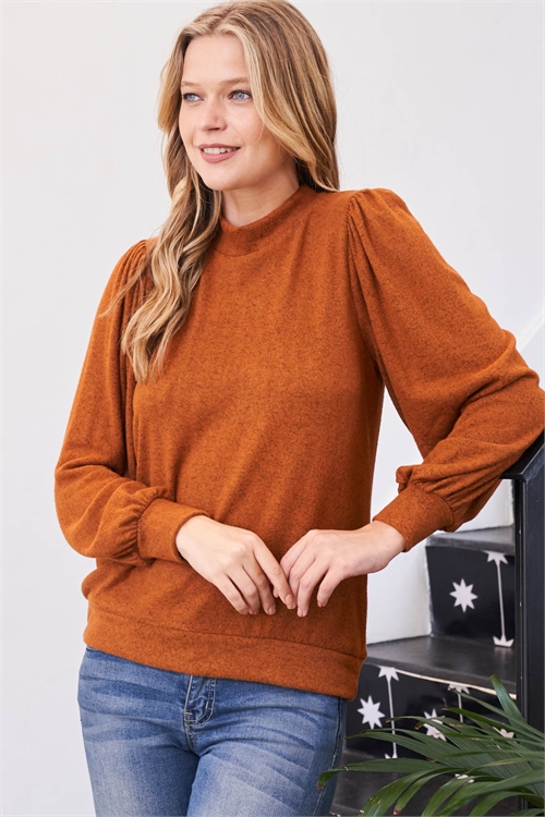 S10-16-3-RFT2065-RSW008-NCGNC-1 - PUFF SLEEVE BRUSHED HACCI TOP- NEW COGNAC 0-2-2-2
