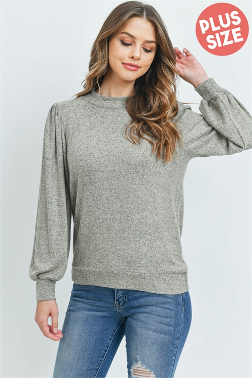S6-1-1-RFT2065X-RSW008-HG - PLUS SIZE PUFF SLEEVE BRUSHED HACCI TOP- HEATHER GREY 3-2-1