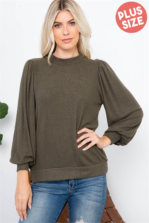 S14-6-3-RFT2065X-RSW008-OV - PLUS SIZE PUFF SLEEVE BRUSHED HACCI TOP- OLIVE 3-2-1