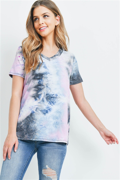 S15-11-5-RFT2071SS-RTD001-CHLBLPK-1 - TIE DYE V-NECK TOP- CHARCOAL/BLUE/PINK 1-3-1