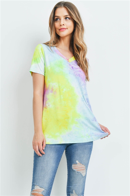 S14-1-4-RFT2071SS-RTD001-MGTYW - TIE DYE V-NECK TOP- MAGENTA/YELLOW 1-2-2-2