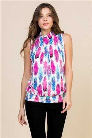 S12-10-4-RFT2083-RPR023-FCBL-A -FEATHER PRINT MOCK NECK SLEEVELESS PLEATED TOP-FUCHSIA BLUE 2 PCS