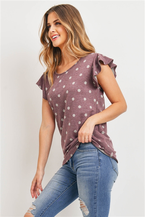 S10-7-3-RFT2090-RPD009-MVGY - POLKA DOT RUFFLED TOP- MAUVE/GREY 1-2-2-2