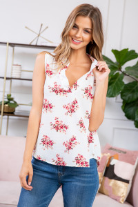 S14-9-2-RFT2100-RFL022-IV IVORY FLORAL SLEEVELESS BLOUSE TOP 0-2-2-2