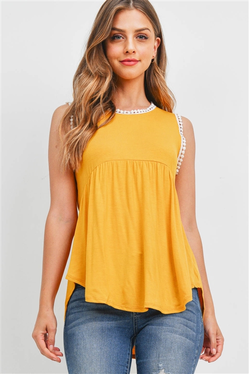 S11-15-2-RFT2103-RSJ-MU-3 - POMPOM DETAIL SLEEVELESS EMPIRE TUNIC- MUSTARD 0-0-1-2