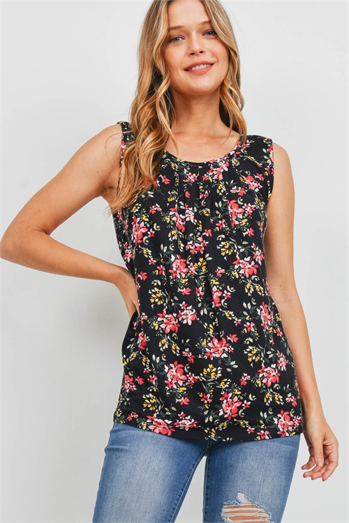 S11-8-2-RFT2108-RFL086-BKRD - FLORAL PRINT SLEEVELESS FRONT PLEAT TOP- BLACK RED 1-2-2-2