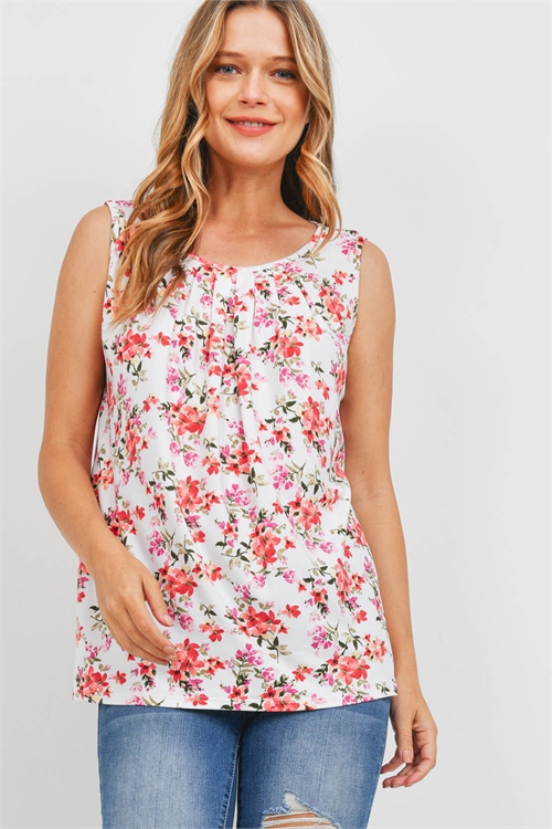 S11-8-2-RFT2108-RFL086-IVRD - FLORAL PRINT SLEEVELESS FRONT PLEAT TOP- IVORY RED 1-2-2-2