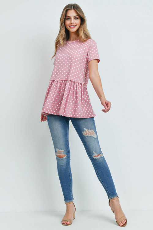 S12-2-2-RFT2113-RPD020-LTMV - POLKA DOTS RUFFLED HEM TOP- LIGHT MAUVE 1-2-2-2