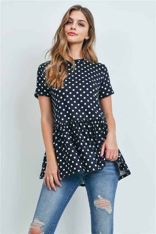 S12-2-2-RFT2113-RPD020-NV - POLKA DOTS RUFFLED HEM TOP- NAVY 1-2-2-2