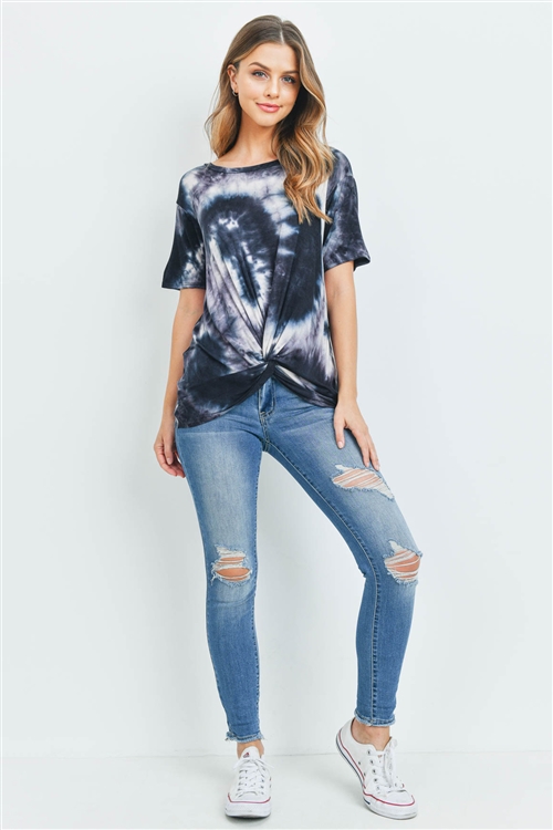 S13-7-1-RFT2123-RTD007-BKIV - TIE DYE SHORT SLEEVE TWIST FRONT TOP- BLACK/IVORY 1-2-2-2