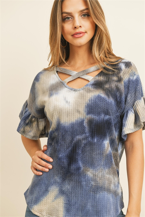 S15-10-3-RFT2172-RTD032-NV - CRISS CROSS NECK  RUFFLE SLEEVE TIE DYE WAFFLE TOP- NAVY 1-2-2-2 (NOW $3.25 ONLY!)