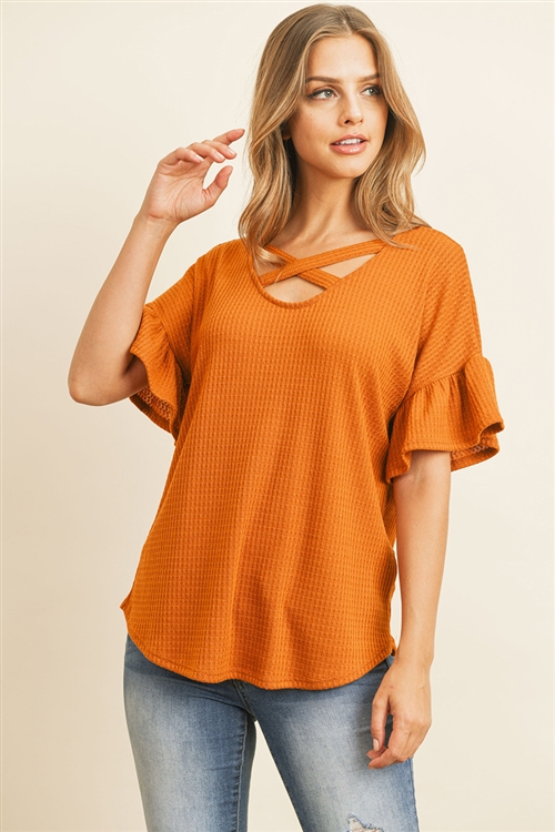 S6-1-3-RFT2172-WF-AMBR-1 - CRISS CROSS FLUTTER SLEEVE WAFFLE TOP- AMBER 1-2-1