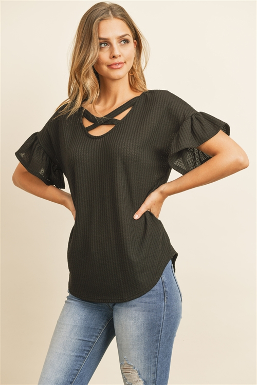 S4-10-3-RFT2172-WF-BK-1 - CRISS CROSS FLUTTER SLEEVE WAFFLE TOP- BLACK 0-0-1-3